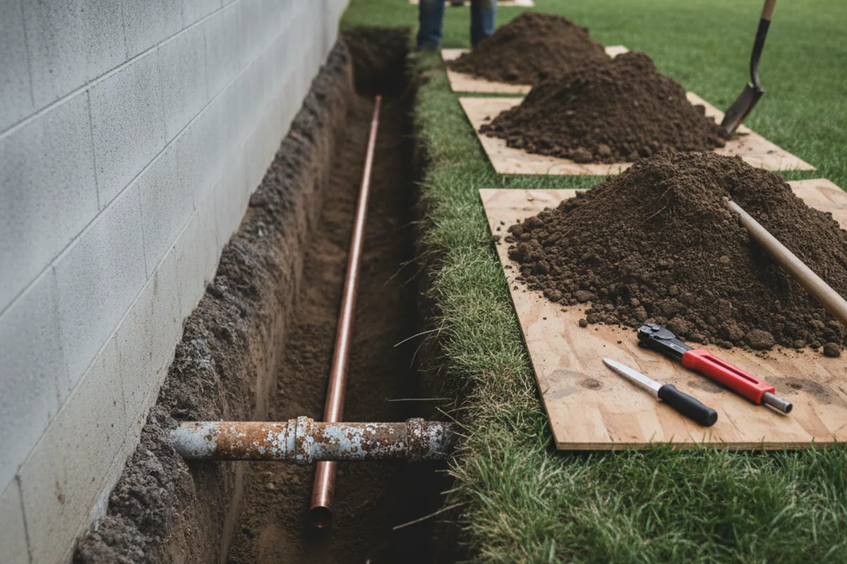 Excavated water line trench during Water Softener Installation in Savannah